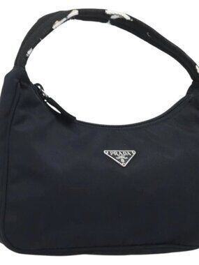 PRADA Hand Pouch Bag Nylon Black Silver Auth YKZ309